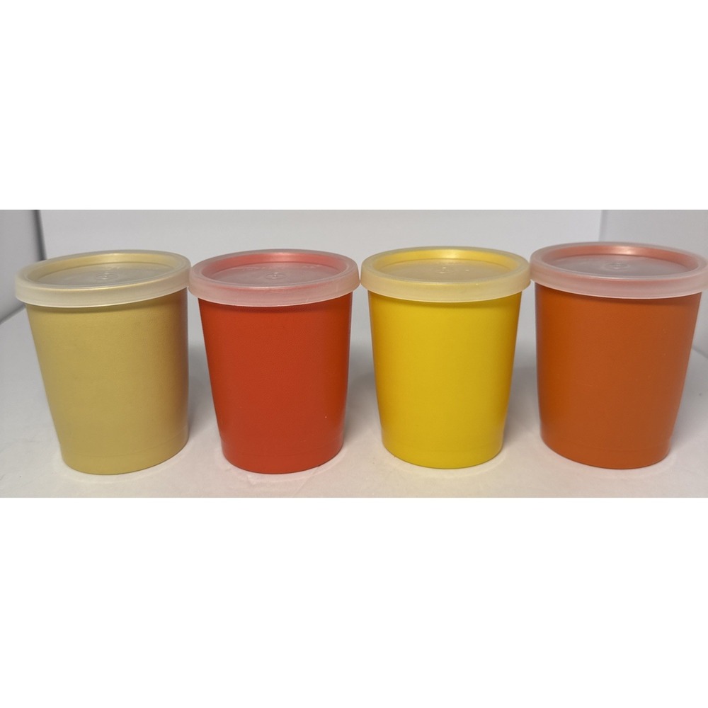 VTG 4 TUPPERWARE Cups 6 oz Juice Tumblers 1251 Harvest Colors Cups & Lids